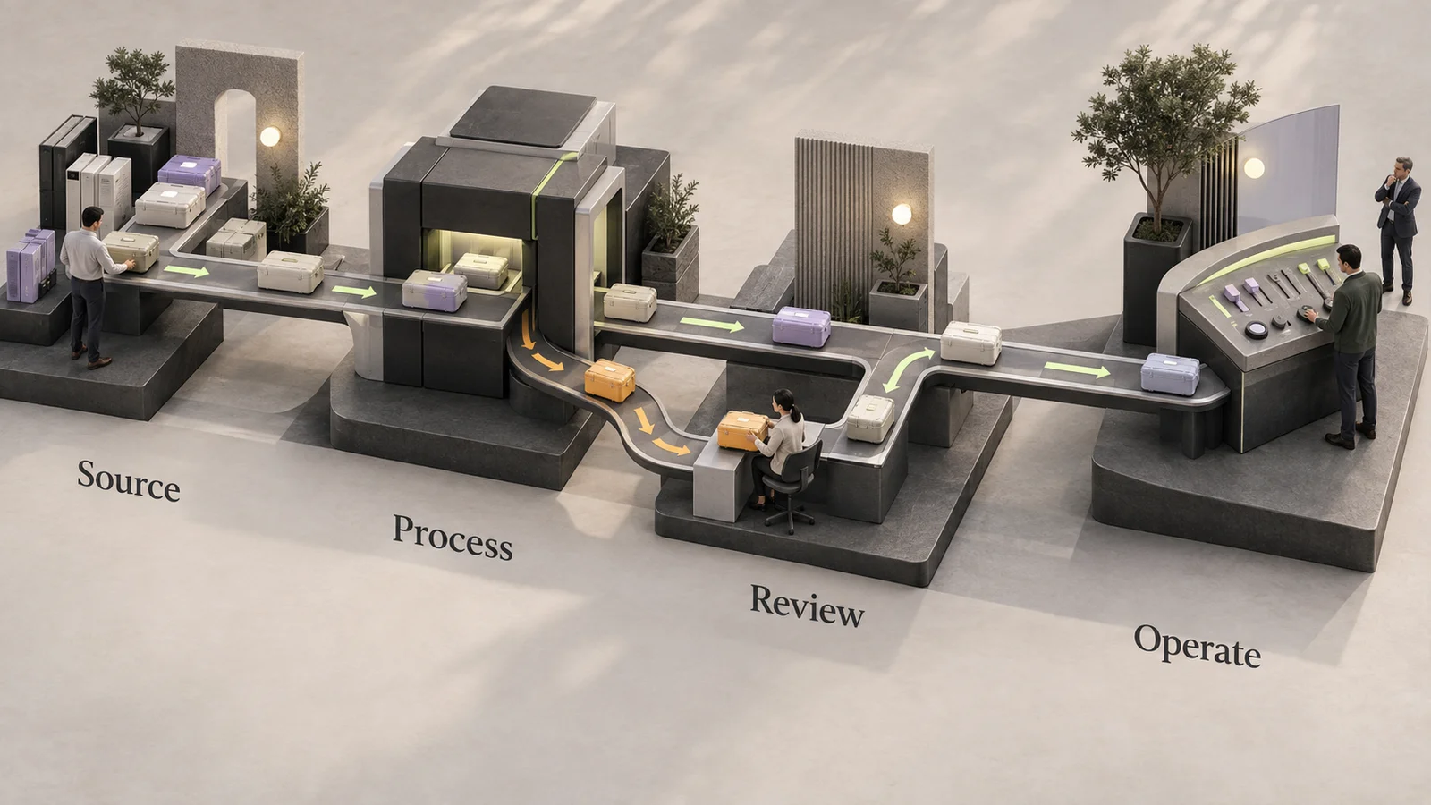 A process map links source cases, processing, exception review and controls operated by the client