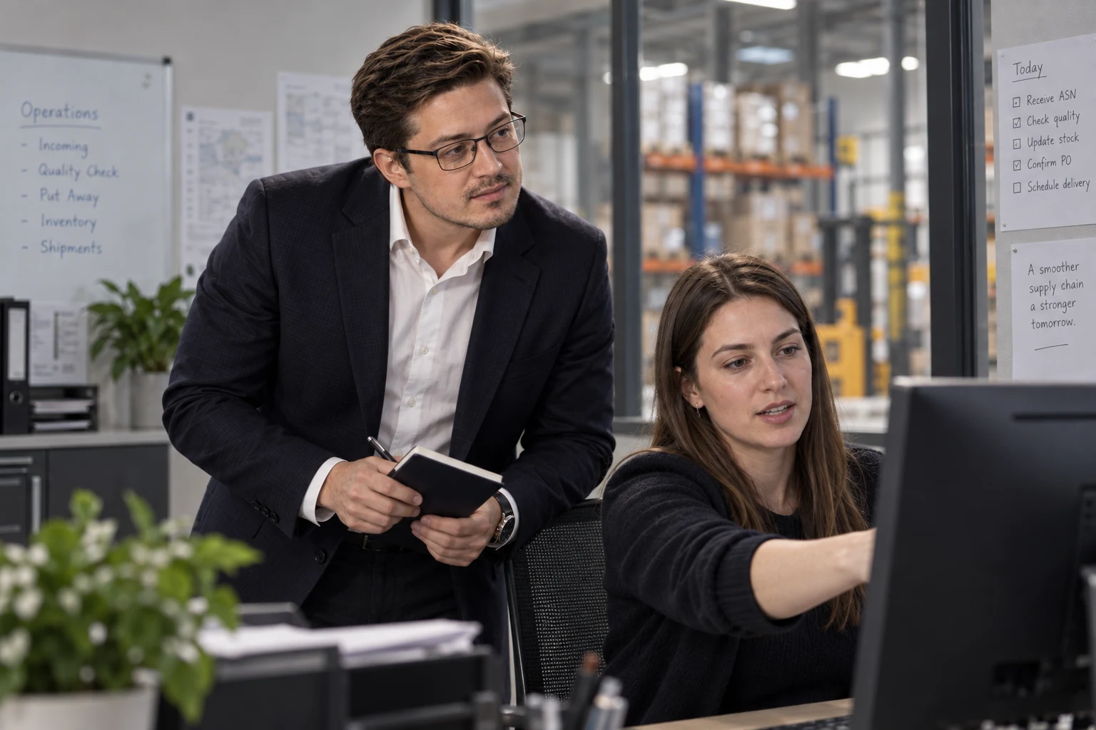 Kirill Kiryushin listens as an operations specialist demonstrates a workflow on her monitor.