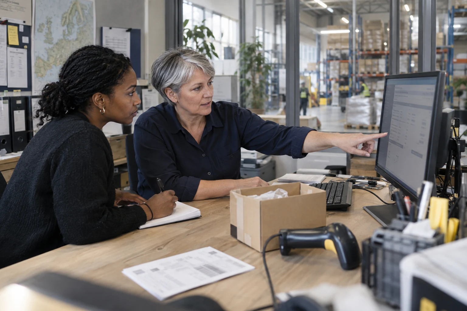 An operations specialist demonstrates a delivery discrepancy while an analyst observes and takes notes.
