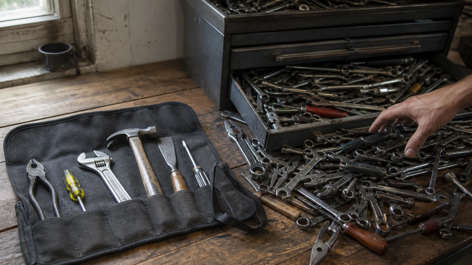 Organized tools and instructions prepared for a practical task, illustrating how structured AI agent skills outperform excess context.