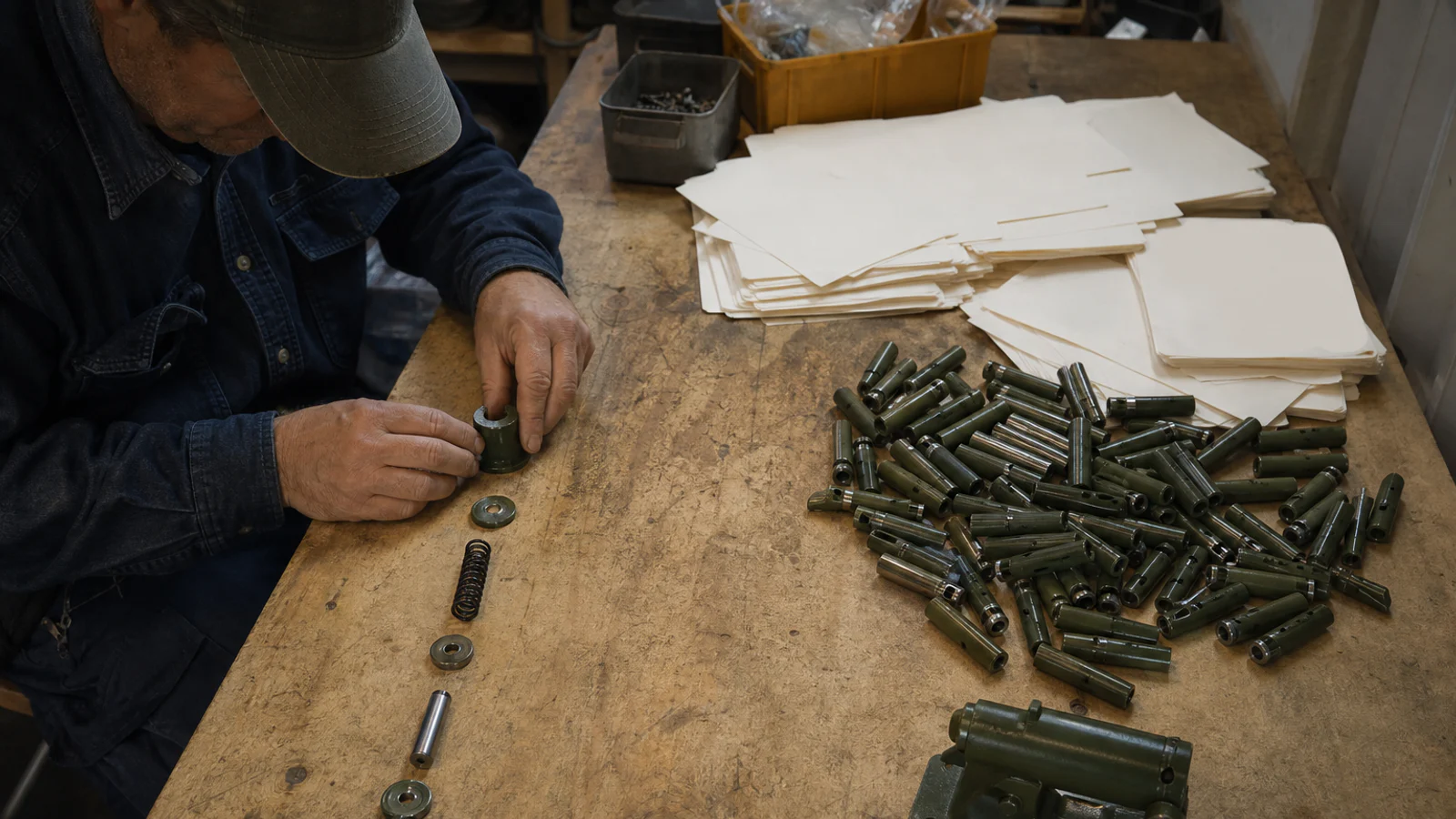A short ordered sequence completes the work while an oversized pile of parts stalls beside it.