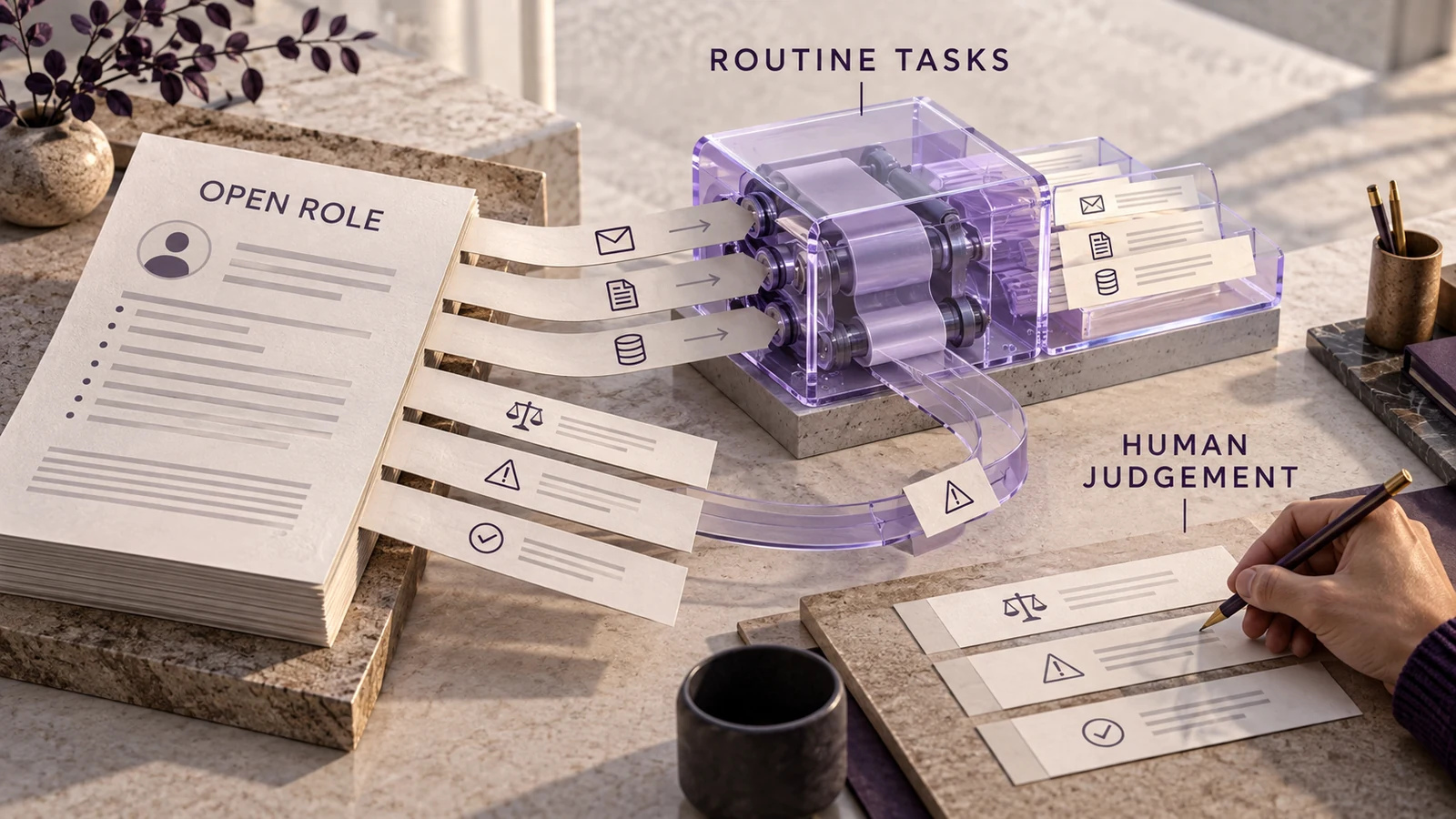 A job description splits into routine tasks for automation and decisions retained for human review.