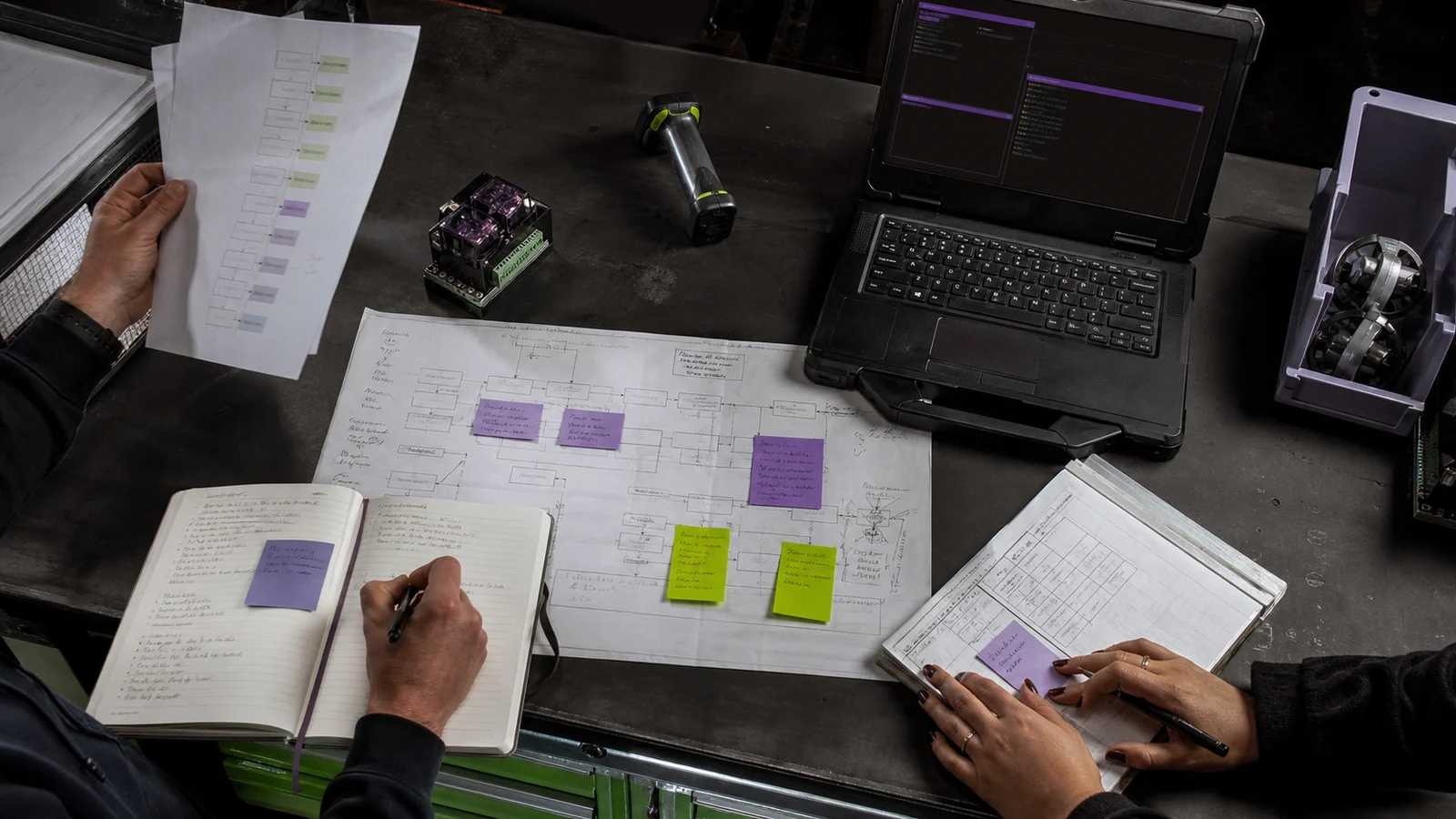 Operations specialists reviewing a physical process map beside workplace equipment, illustrating the practical work behind AI integration.
