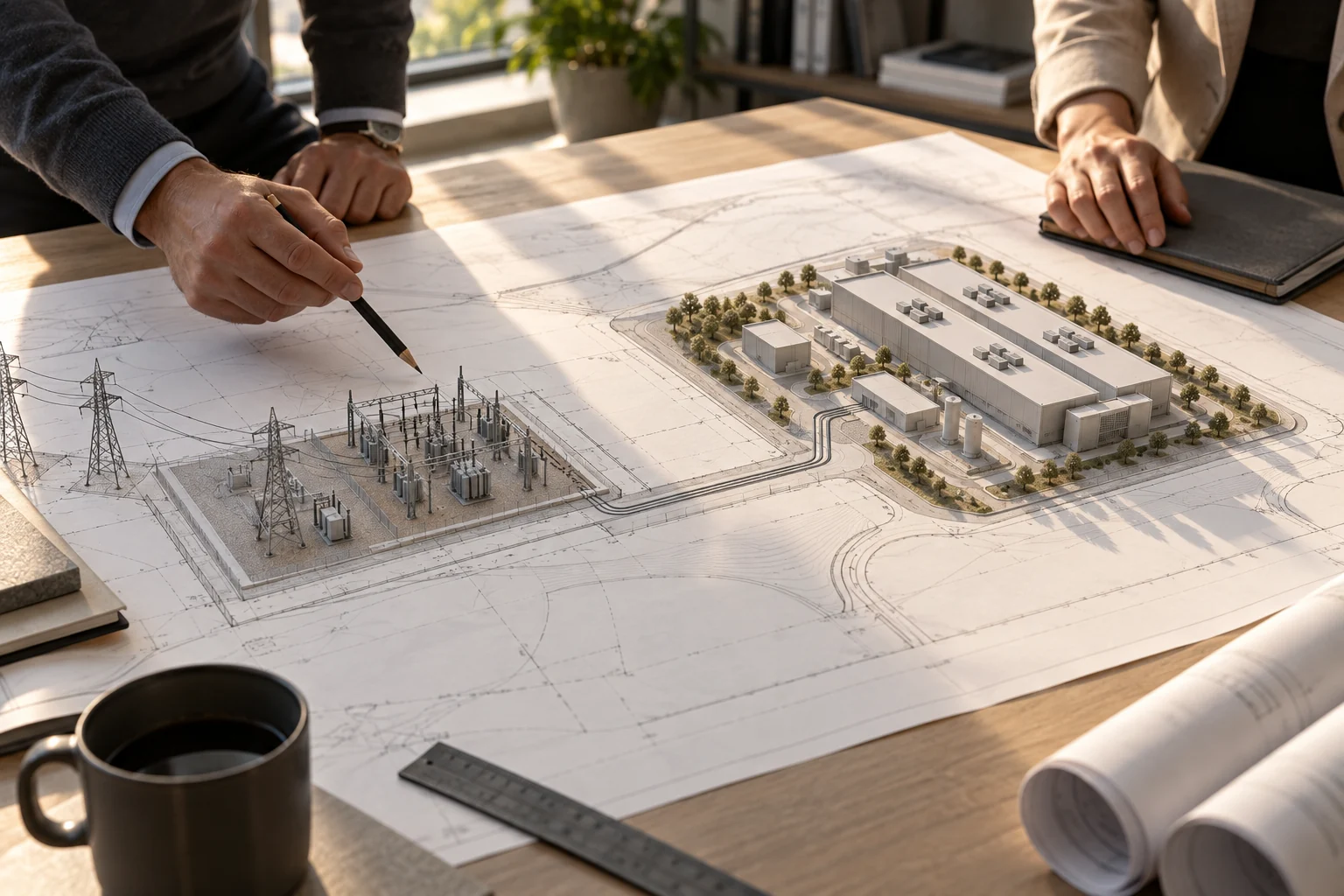 A planning team reviews a data center and substation model on a site plan.