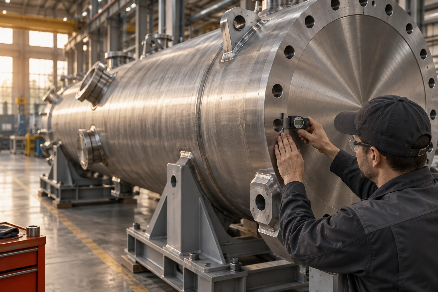 An inspector checks the machined flange of a large steel industrial module on a factory floor.