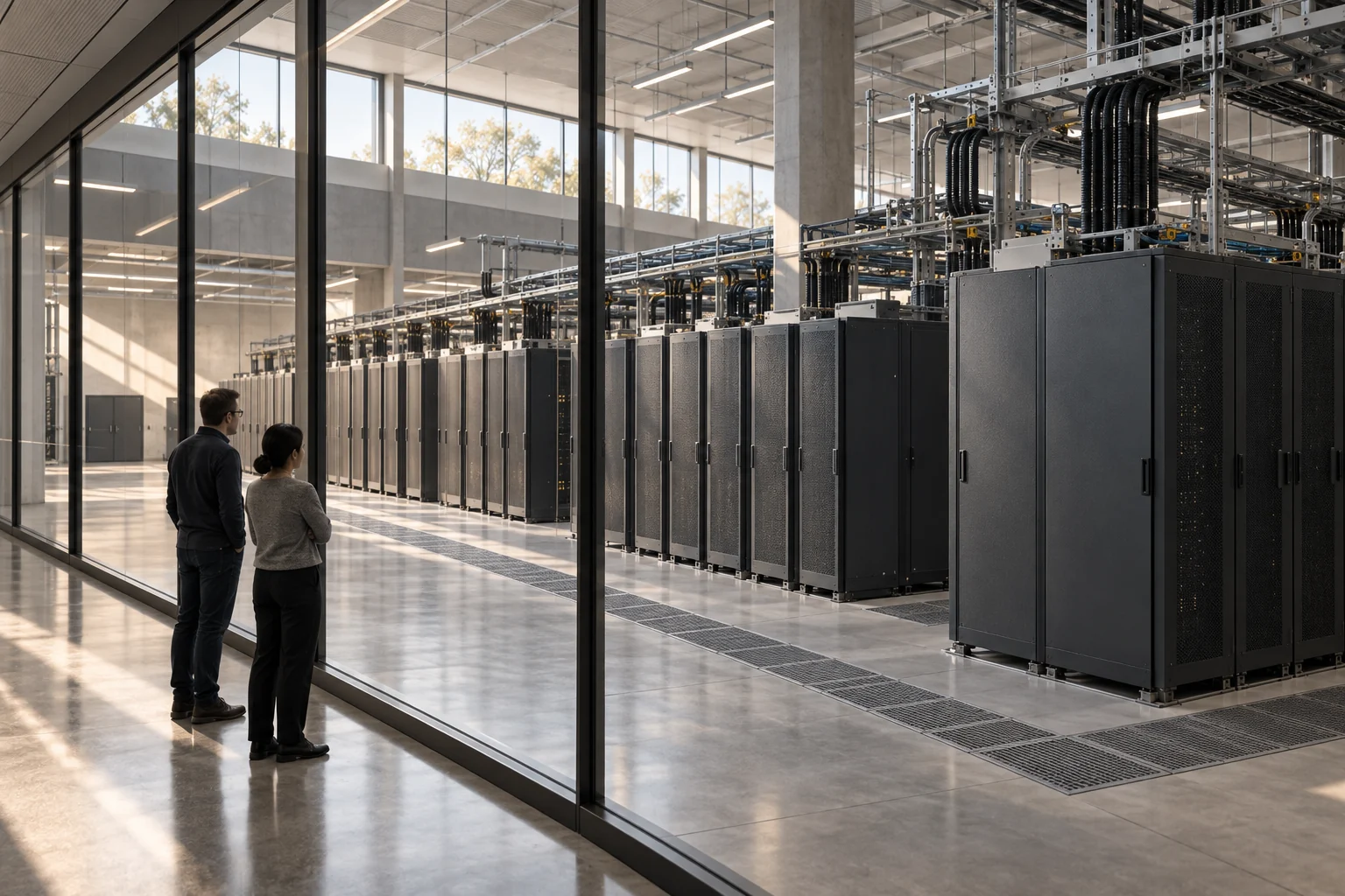 Two researchers view rows of server cabinets through the glass corridor of a computing center.