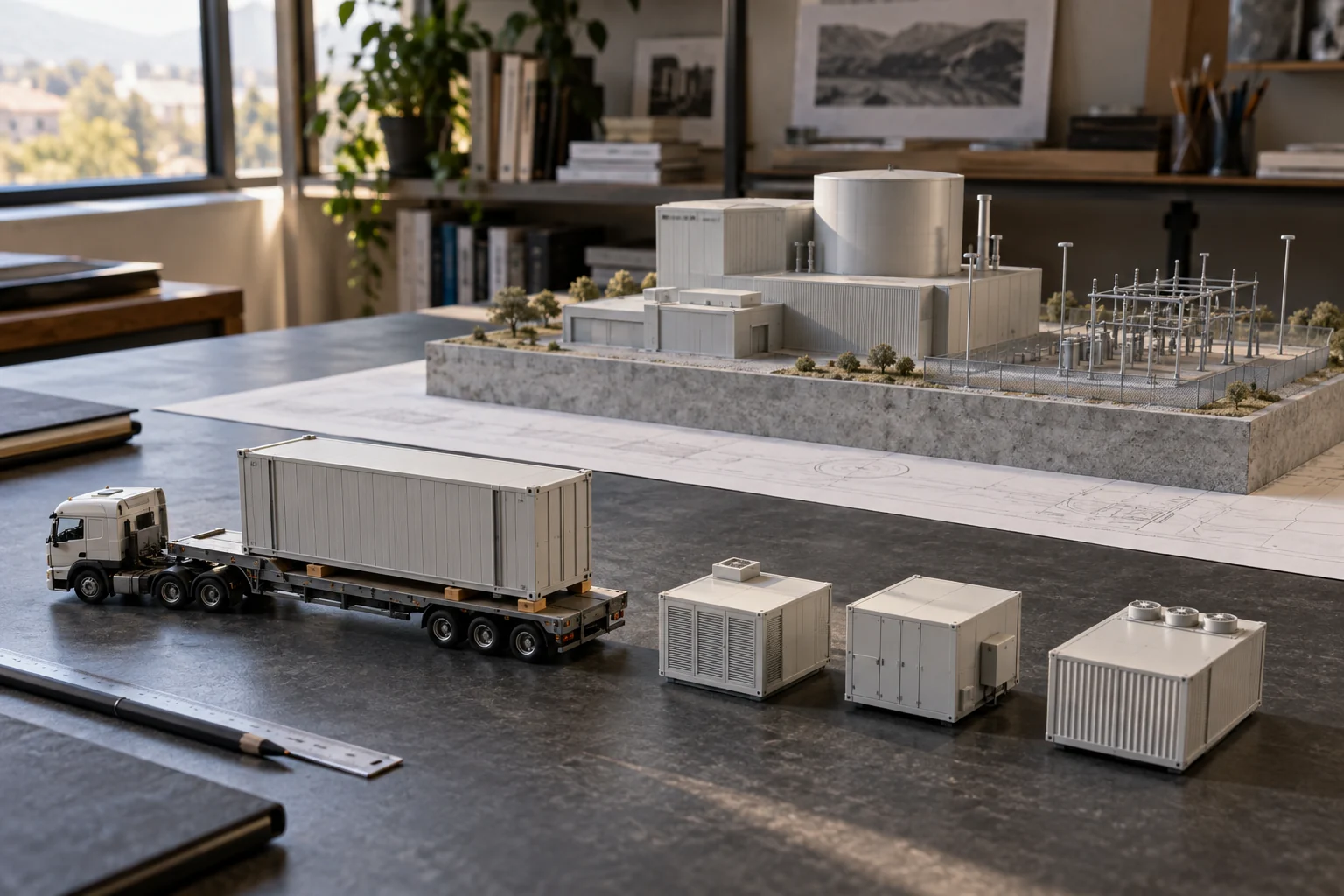 Architectural study models compare a container module on a transporter with a fixed power plant and electrical switchyard.