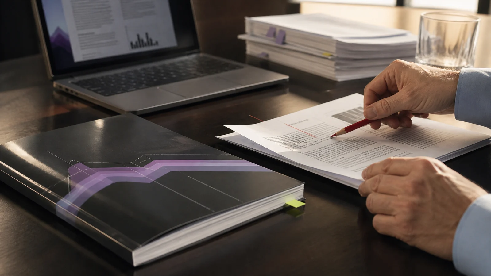 A consultant cross-checking a polished report against its source material, illustrating the evidence and delivery standards required in AI consulting.