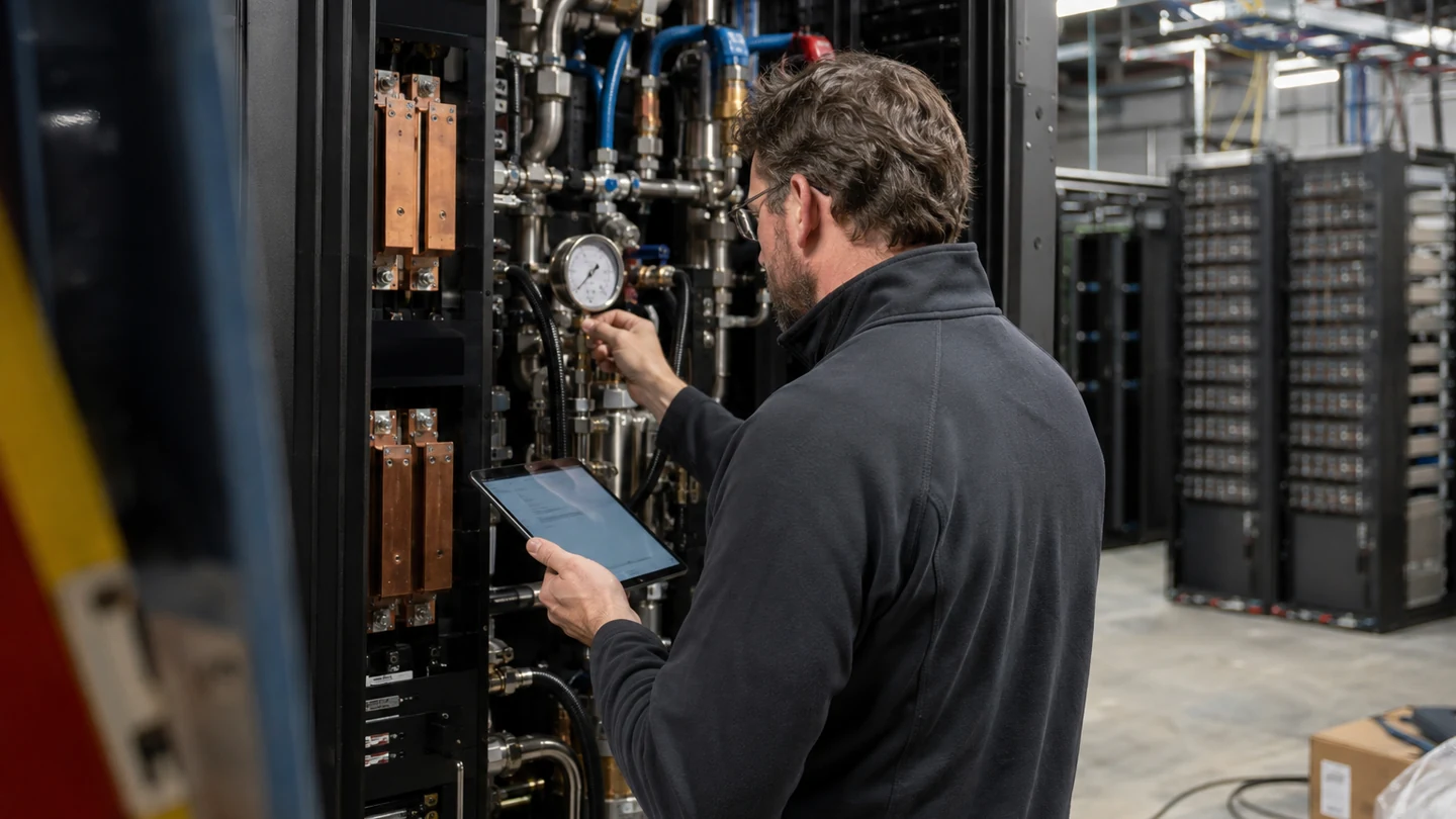 A cooling engineer checks a liquid-cooled compute rack during data center commissioning.