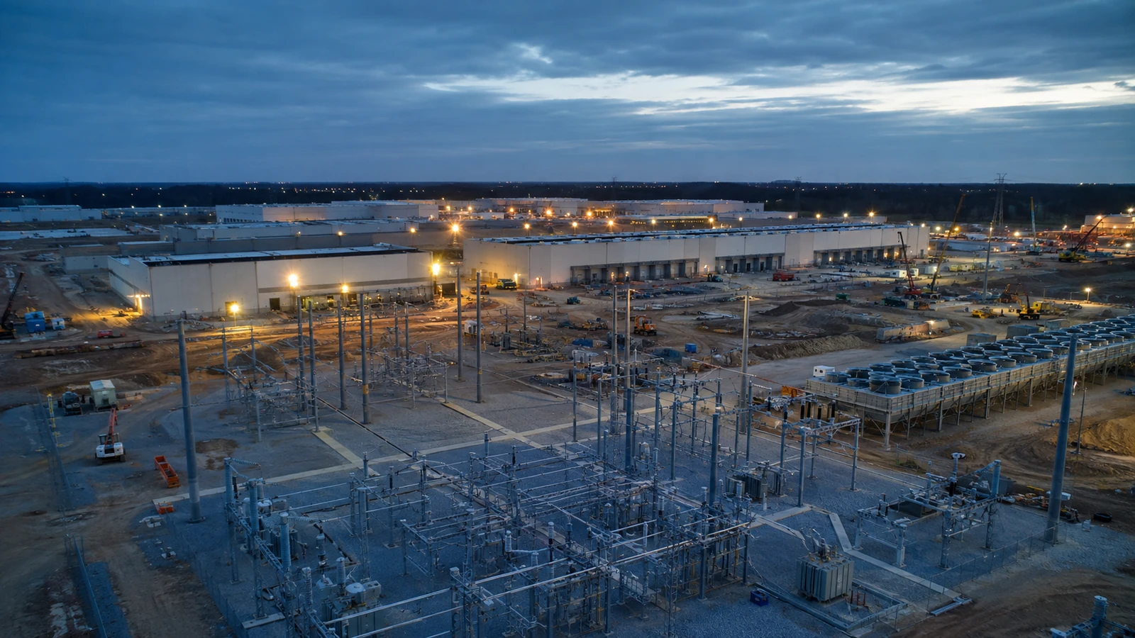 A hyperscale data center campus under construction beside its electrical substation and cooling equipment at blue hour.