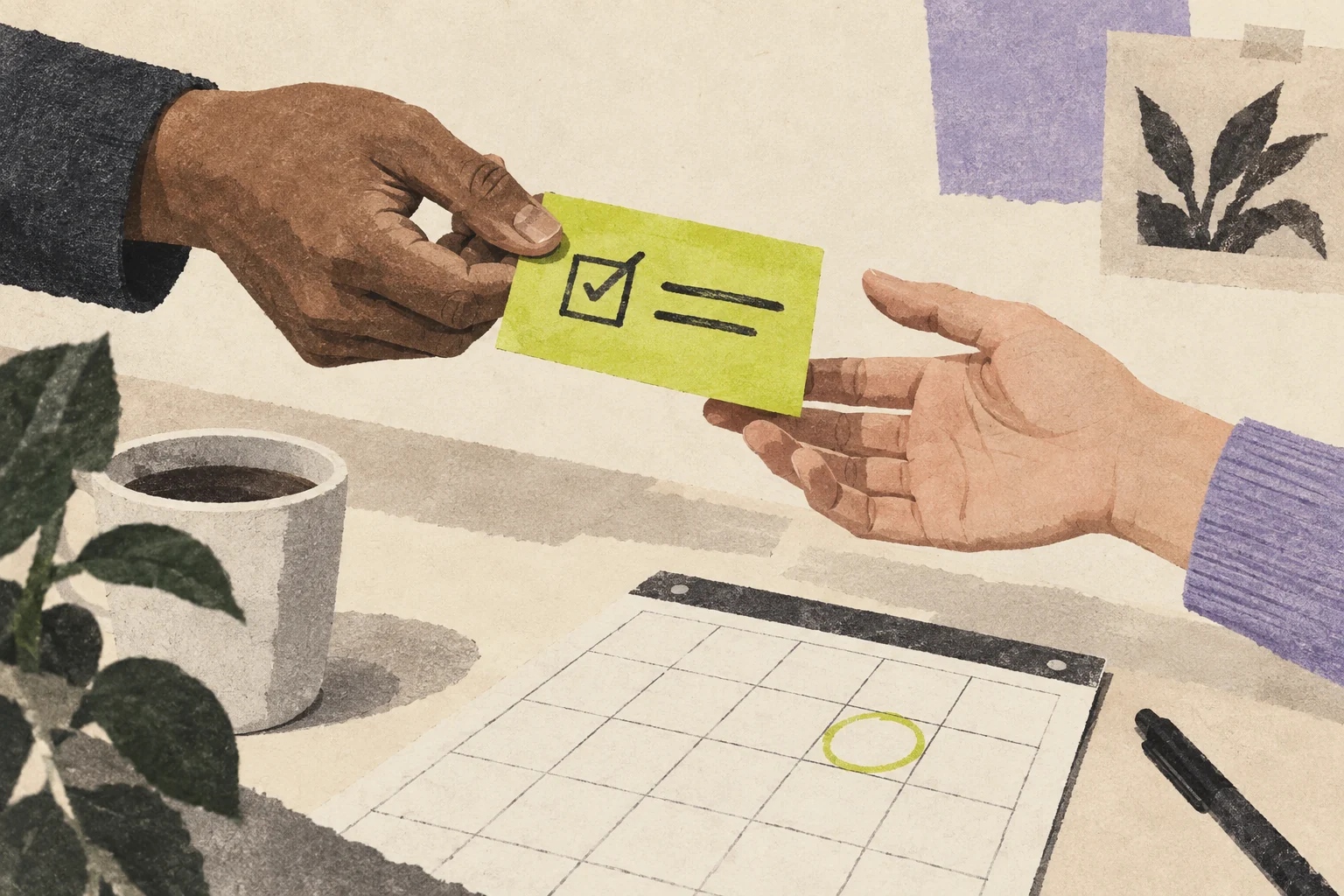Two colleagues hand over a lime task card above a paper calendar with an agreed day circled.