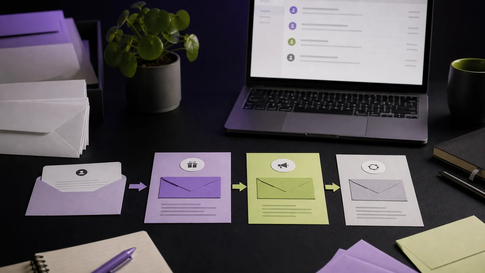 A tactile newsletter workflow moves subscriber records through a sequence of useful, segmented email messages.