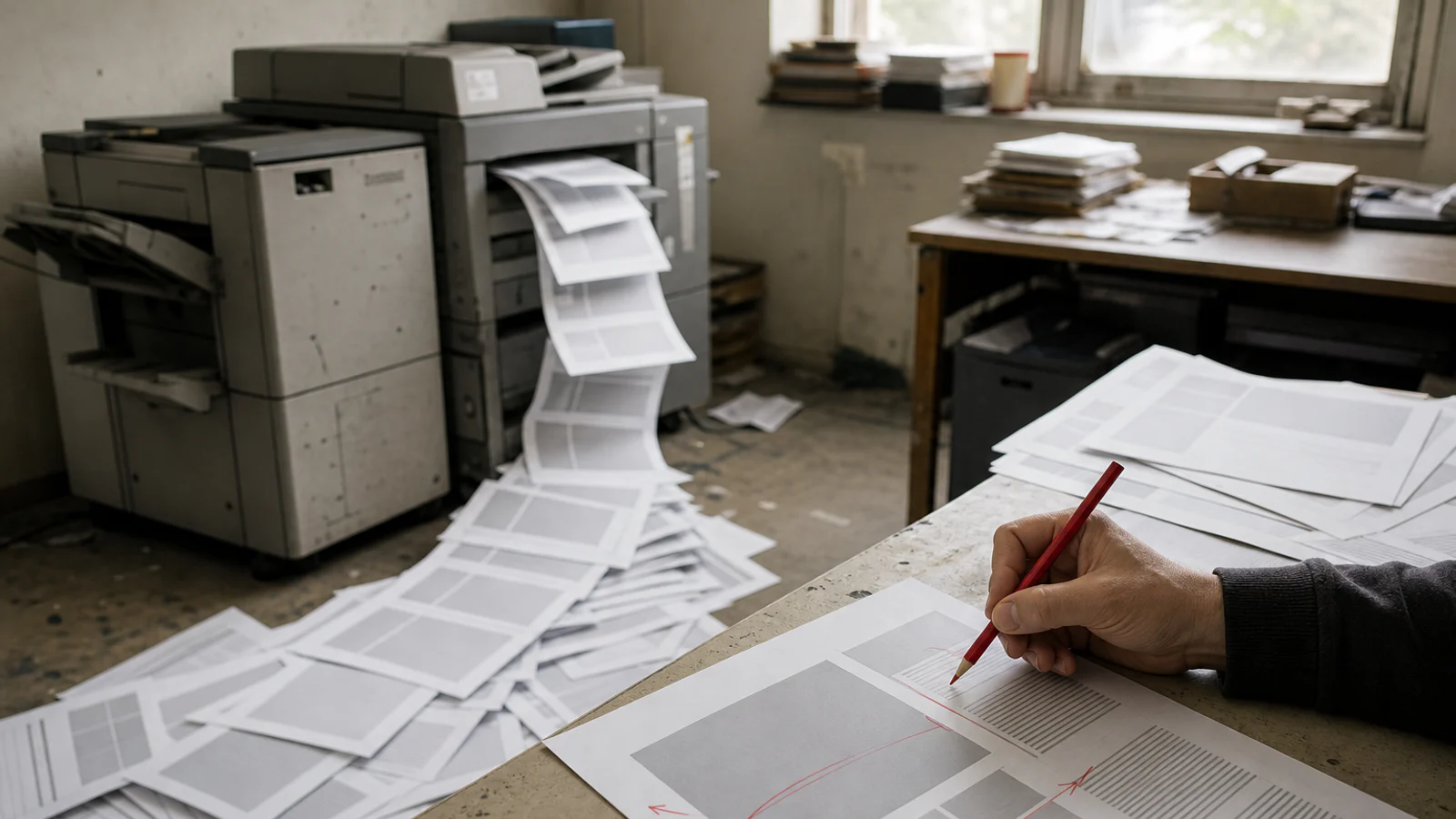 An editor marking repetitive printed pages beside an office copier, representing the measurable growth of AI-generated web content.