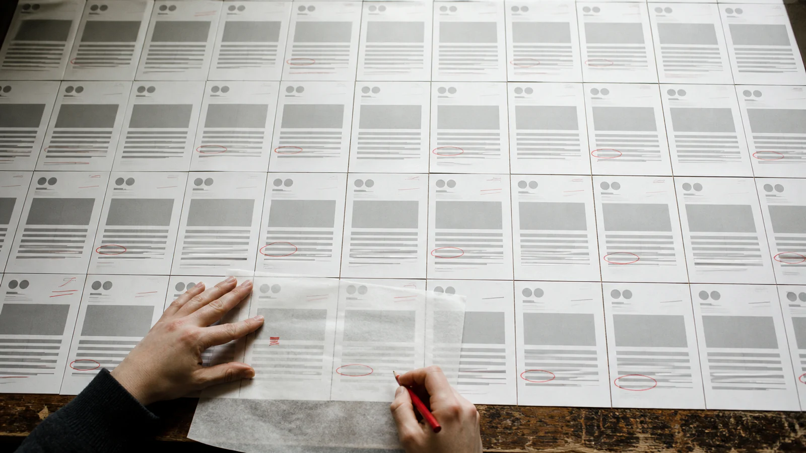 A human editor compares repeated layouts across a large printed corpus and marks the patterns that recur.