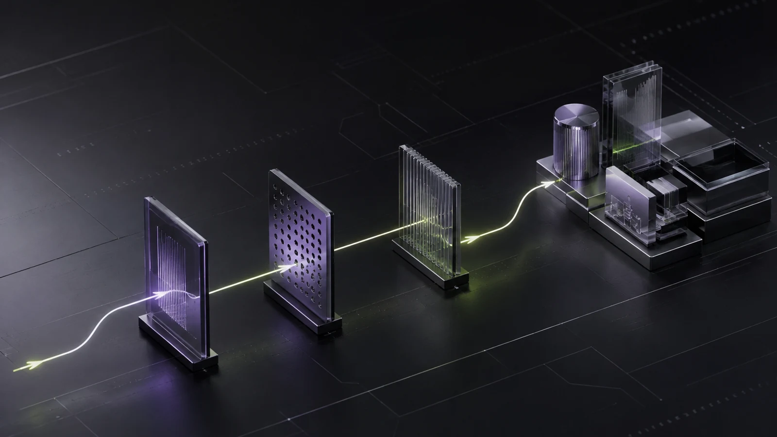A luminous workflow passes through three controlled decision gates into business systems, illustrating how companies compare AI agent platforms.