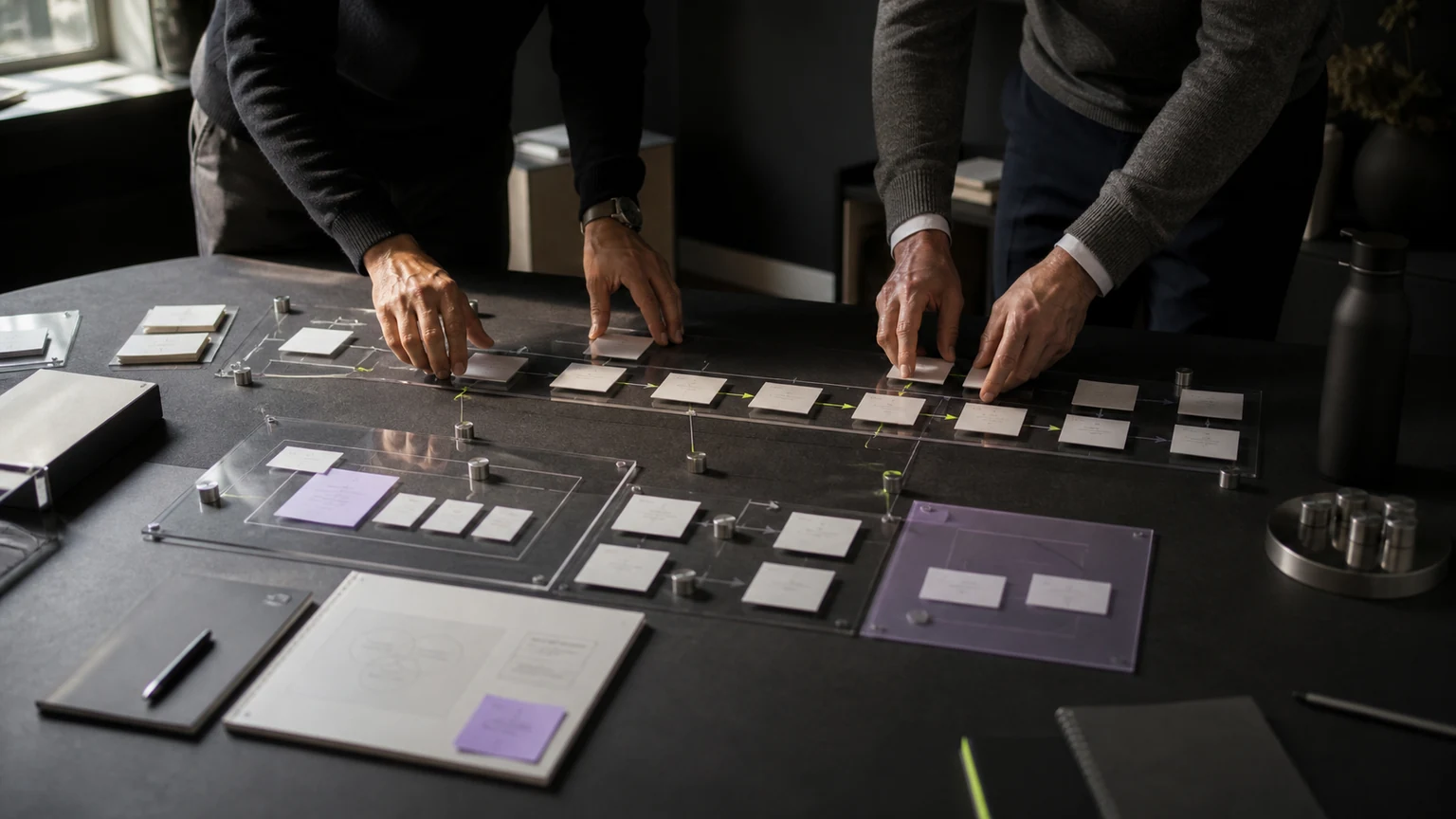 Two operations specialists arrange a physical workflow model, illustrating the work required to move enterprise AI from pilot to production.
