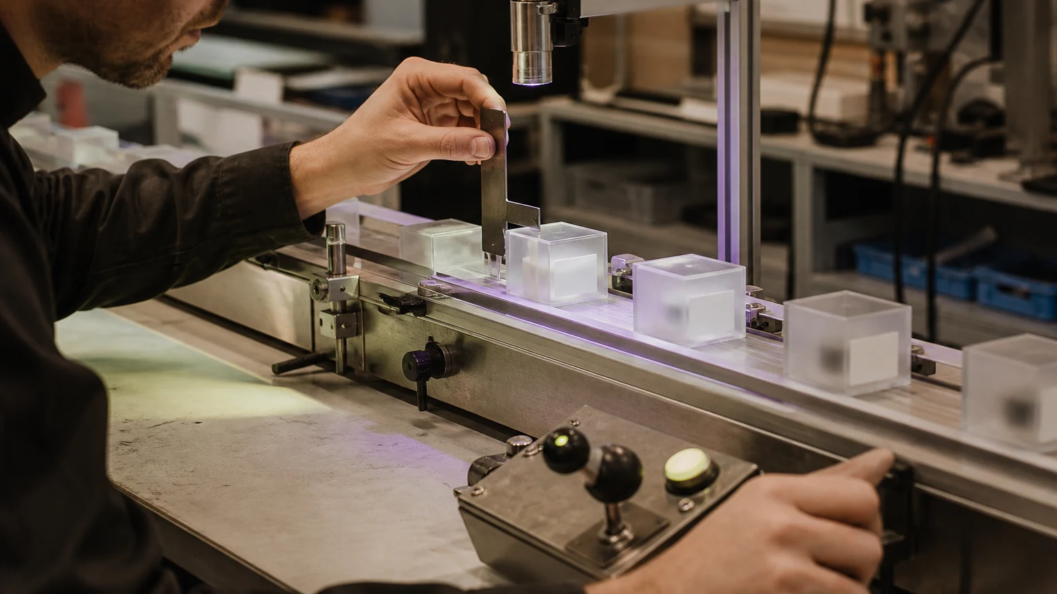 An operations engineer checks a physical production line, representing evaluation before an enterprise AI workflow is released.