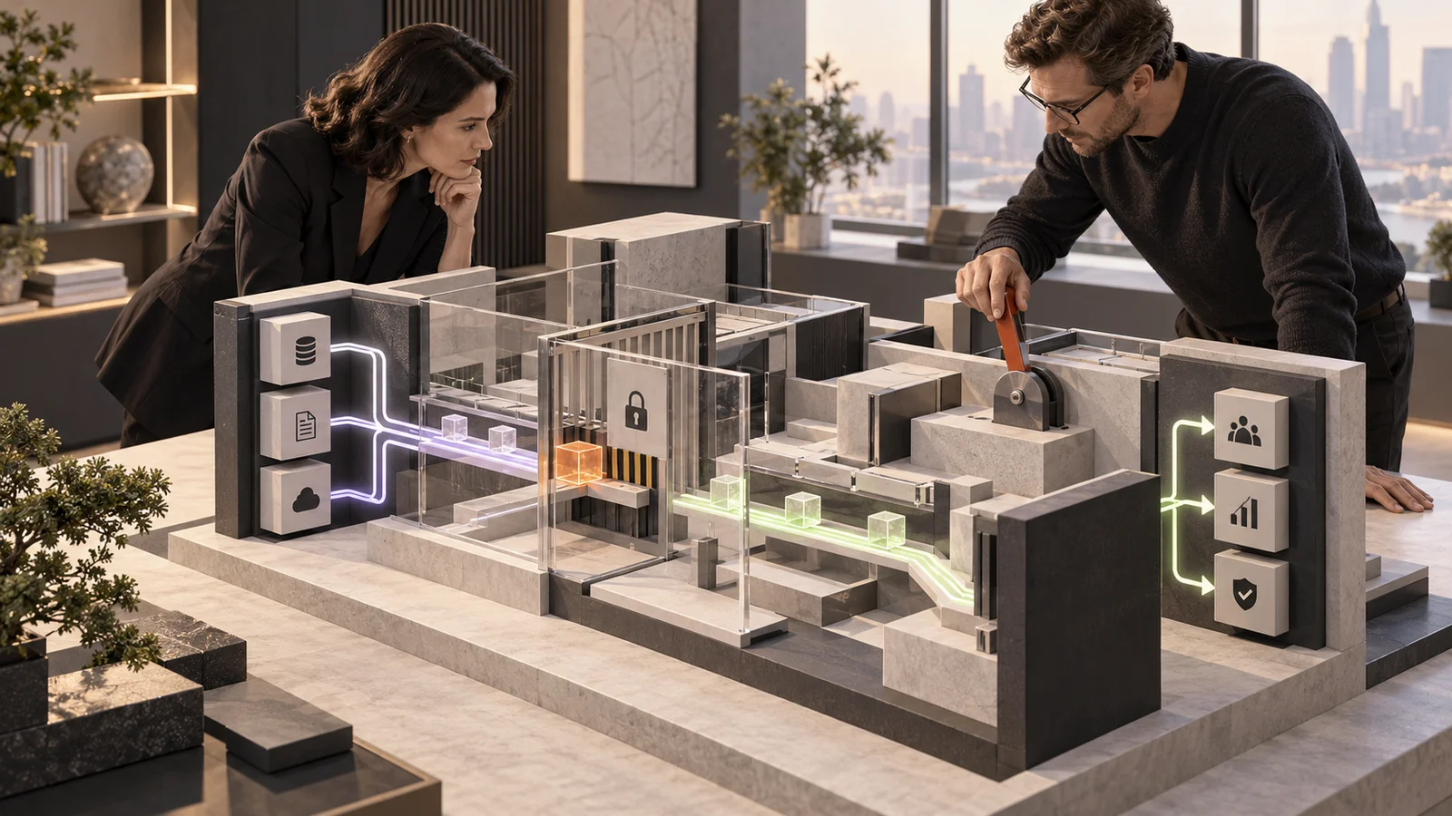 A buyer and engineer inspect data routes, access controls and a manual stop inside an illustrative workflow model.