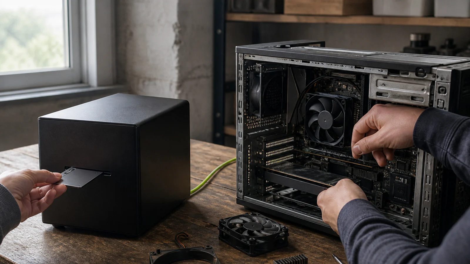 A metered black-box video service sits beside a local workstation that trades convenience for maintenance and control.