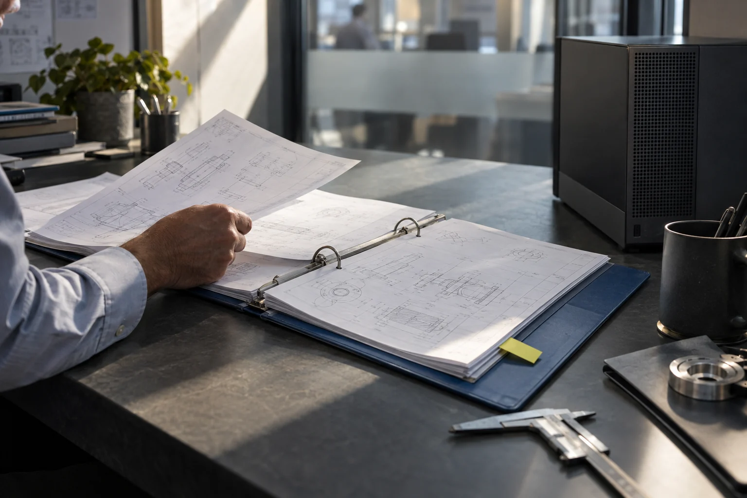 A technical document being checked beside a compact workstation in an engineering office.