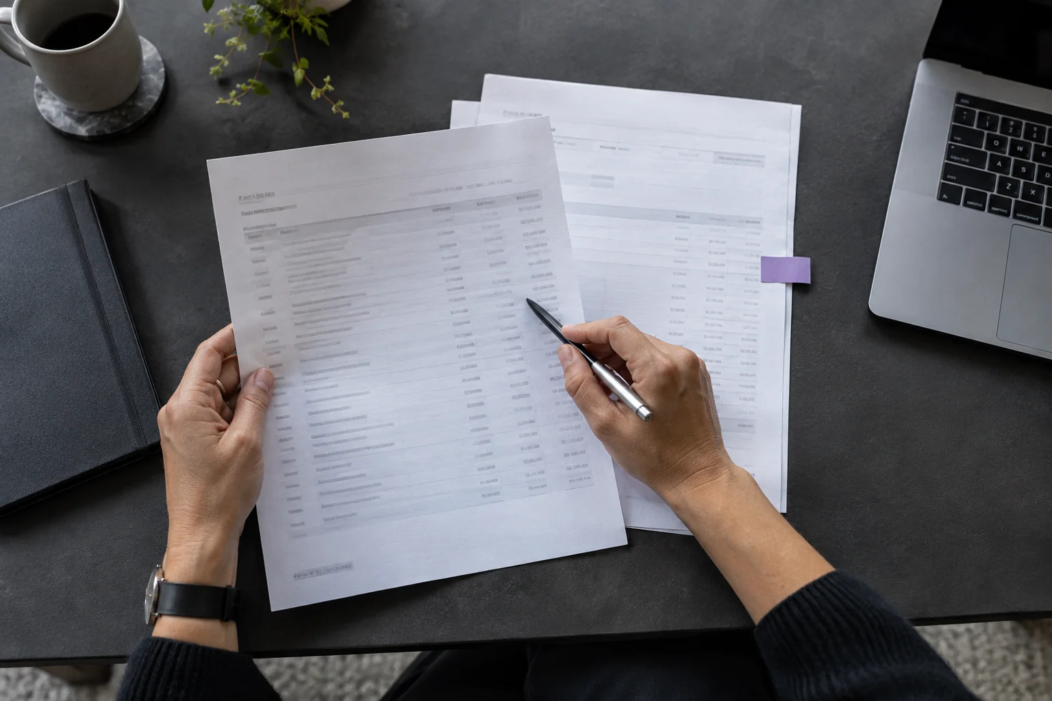 A purchase request and supporting documents being reviewed before approval