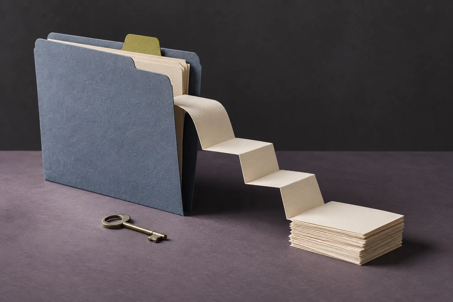 An open customer-record folder with a key and folded paper leading to a stack of maintenance cards.