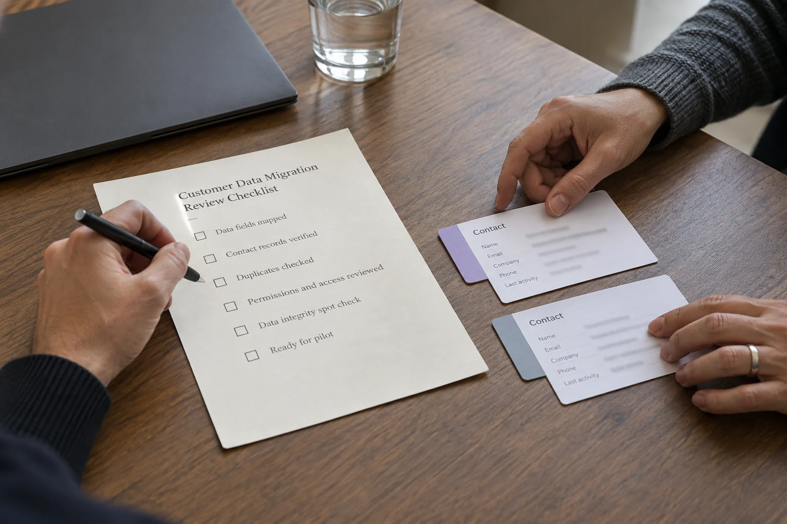Two colleagues compare contact cards against a customer-data migration checklist before a CRM pilot.