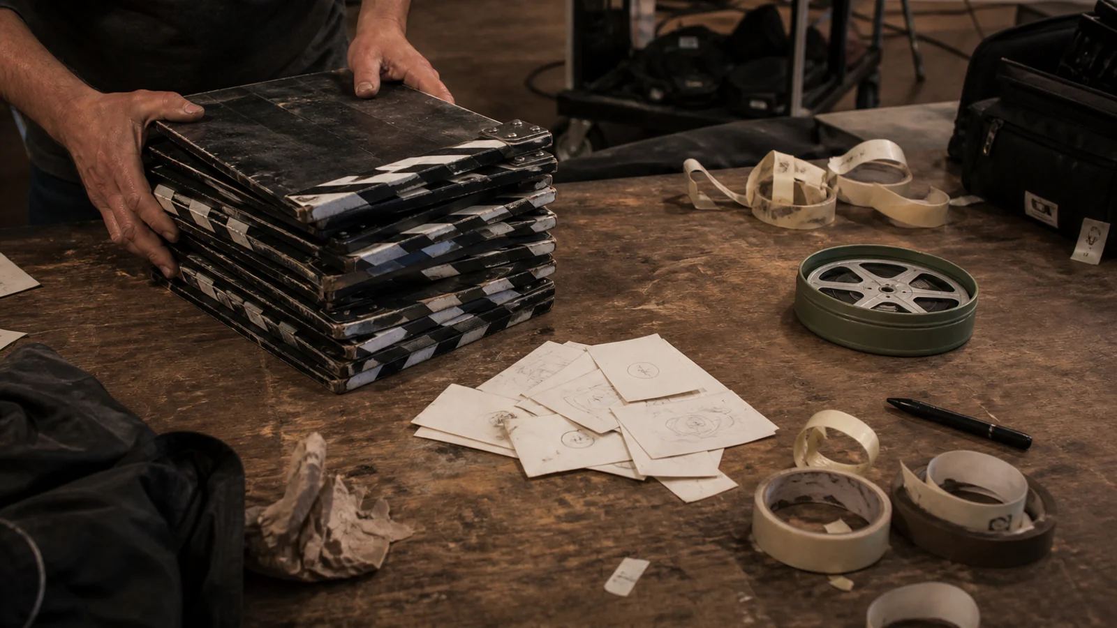 Used takes and discarded cue cards accumulate beside the single finished reel that survives the production cycle.