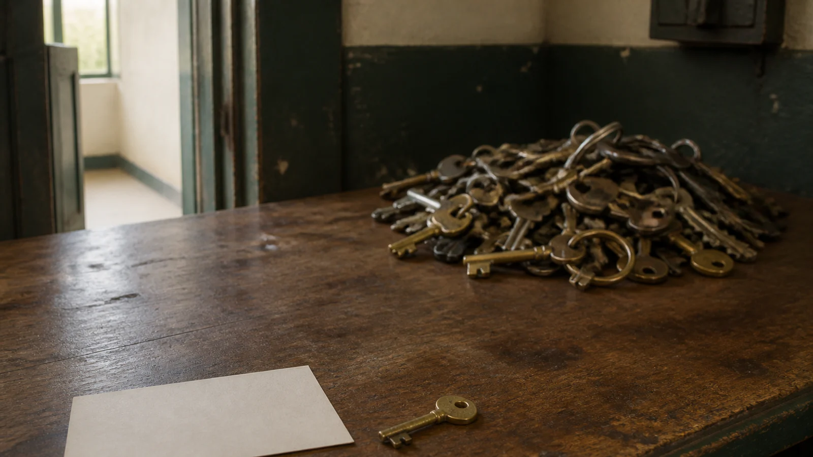 One task-specific key sits within reach while an unnecessary master keyring remains deliberately separated.
