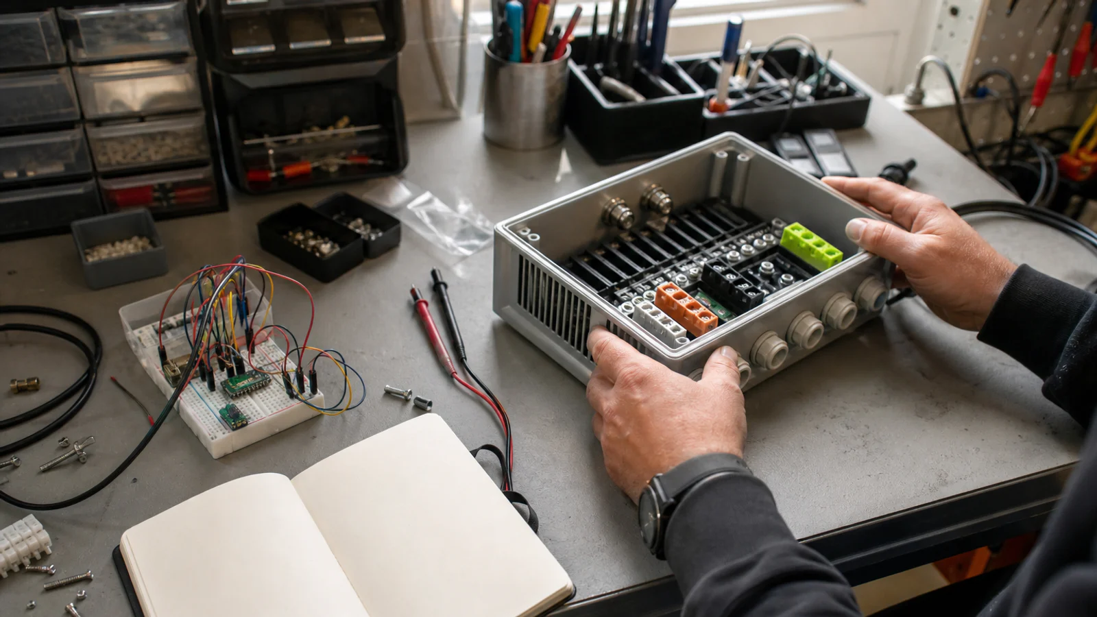 A loose breadboard prototype sits beside the tested, enclosed and maintainable control unit needed for production.