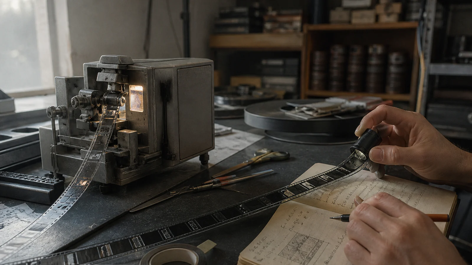 The same webinar reel passes through an automatic splicer on one side and human editorial selection on the other.